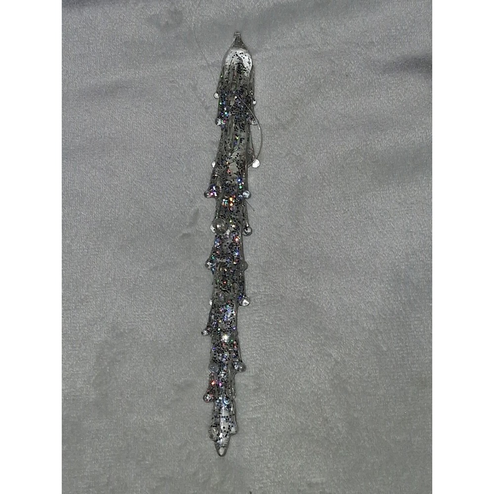 6" Clear Glass Icicle Christmas Ornament Silver Glitter Pulled Glass Loop